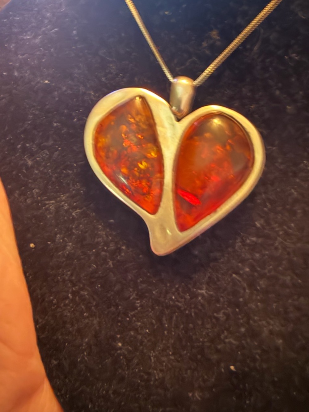 Big & Beautiful 2” inch Amber & .925 Sterling Silver Heart Pendant Necklace
